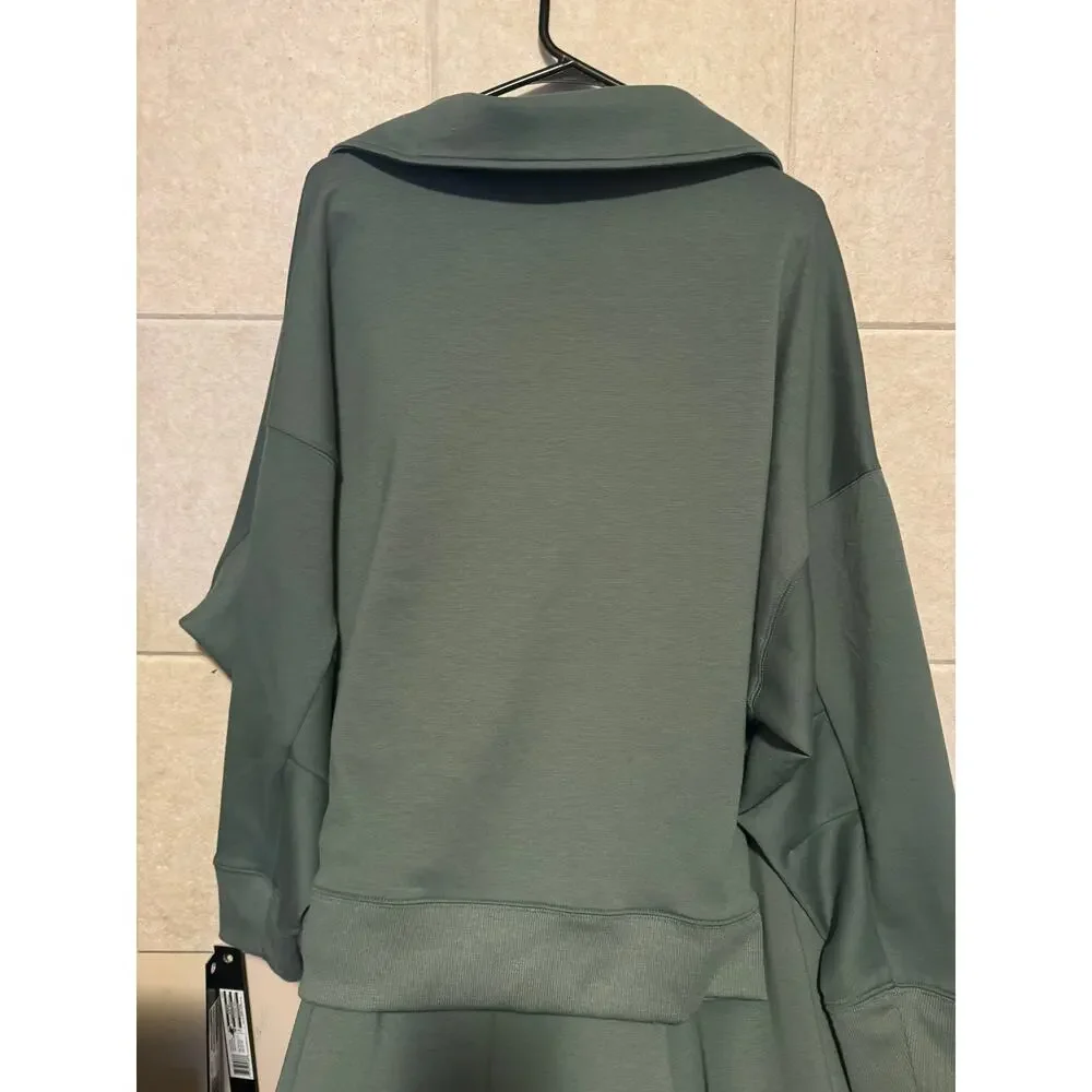 Zenana Green Polo Neck Women's Sweatshirt Matching Set Inseam 3, Pants 34